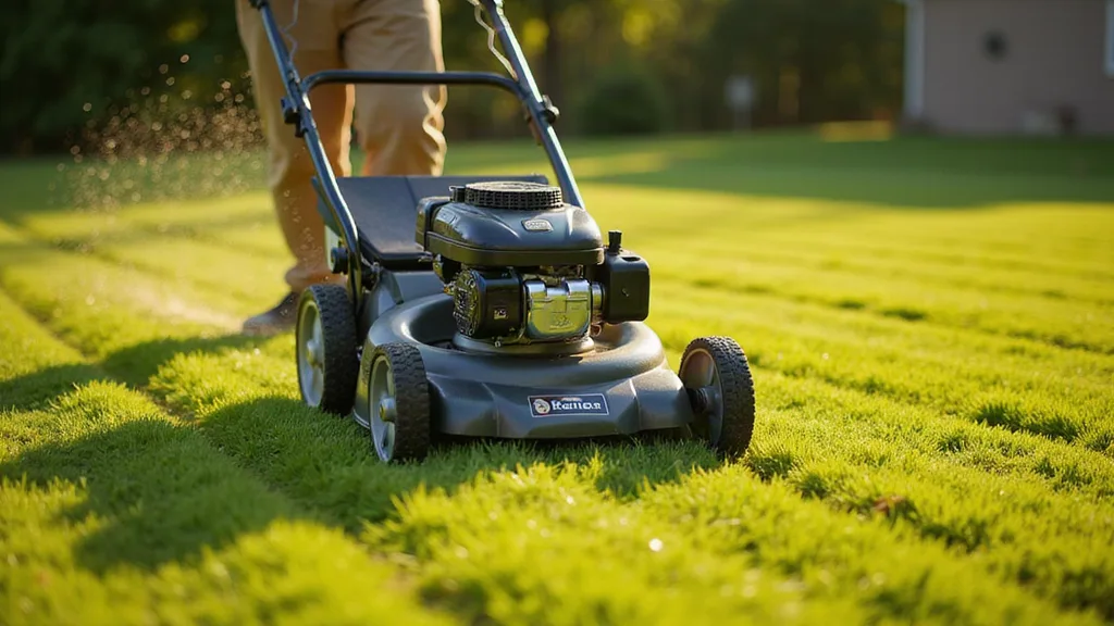 Mower cutting clean alternating stripes across a lush green lawn