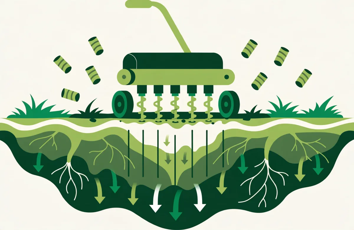 Cutaway illustration of core aeration: an aerator pulls small soil plugs so water, air and nutrients flow down to grass roots