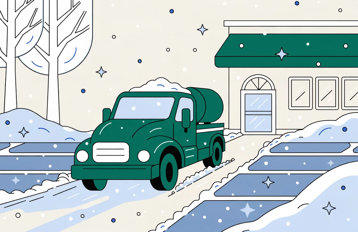 Illustration of a plow truck clearing a commercial parking lot with salt spread behind for safe walkways
