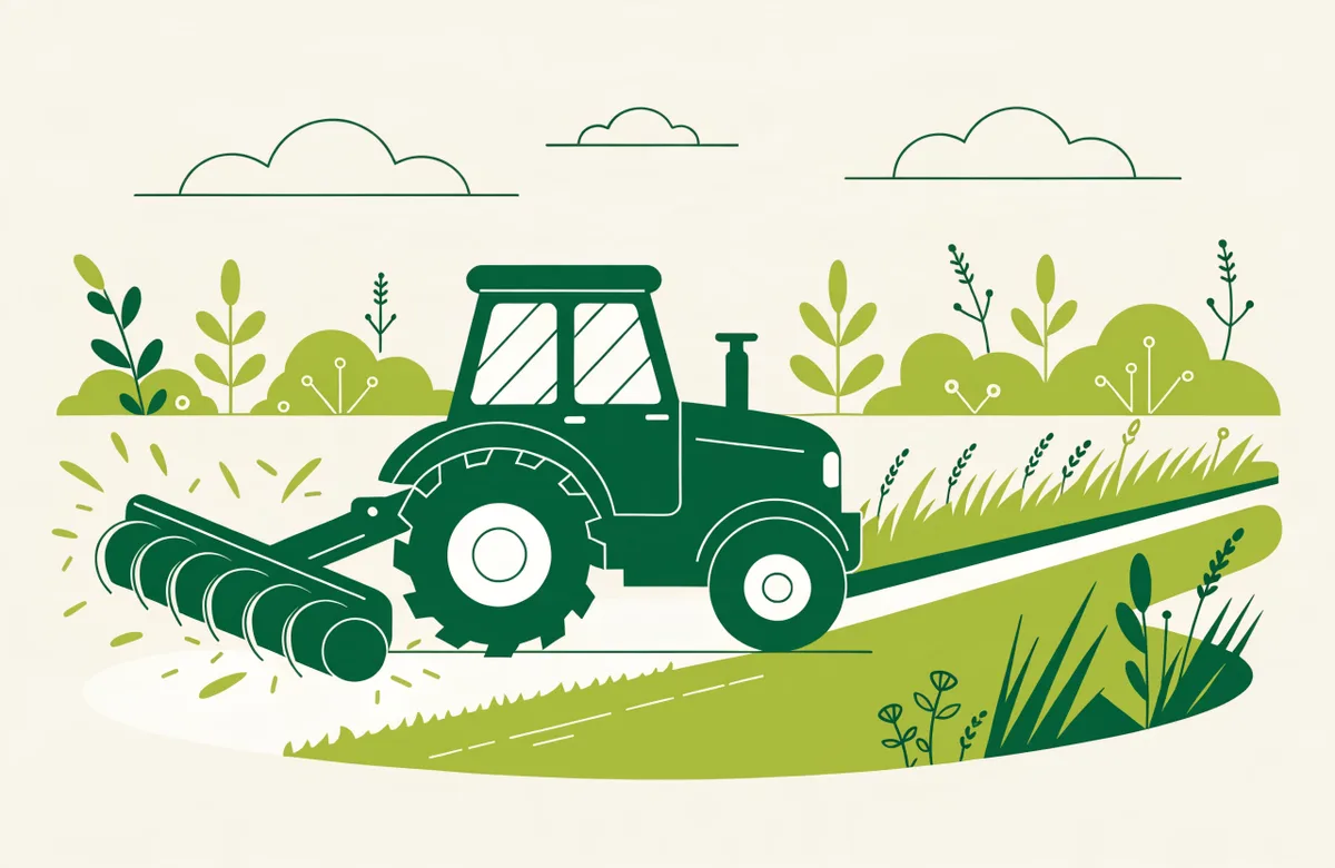 Illustration of a tractor with a side flail mower cutting tall grass along a rural roadside ditch