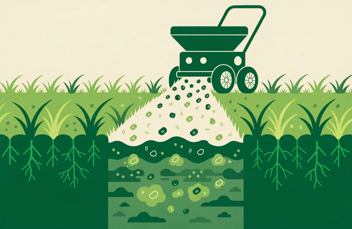 Illustration of a broadcast spreader feeding a lawn, with a soil cutaway showing granules dissolving and nutrients absorbed by grass roots