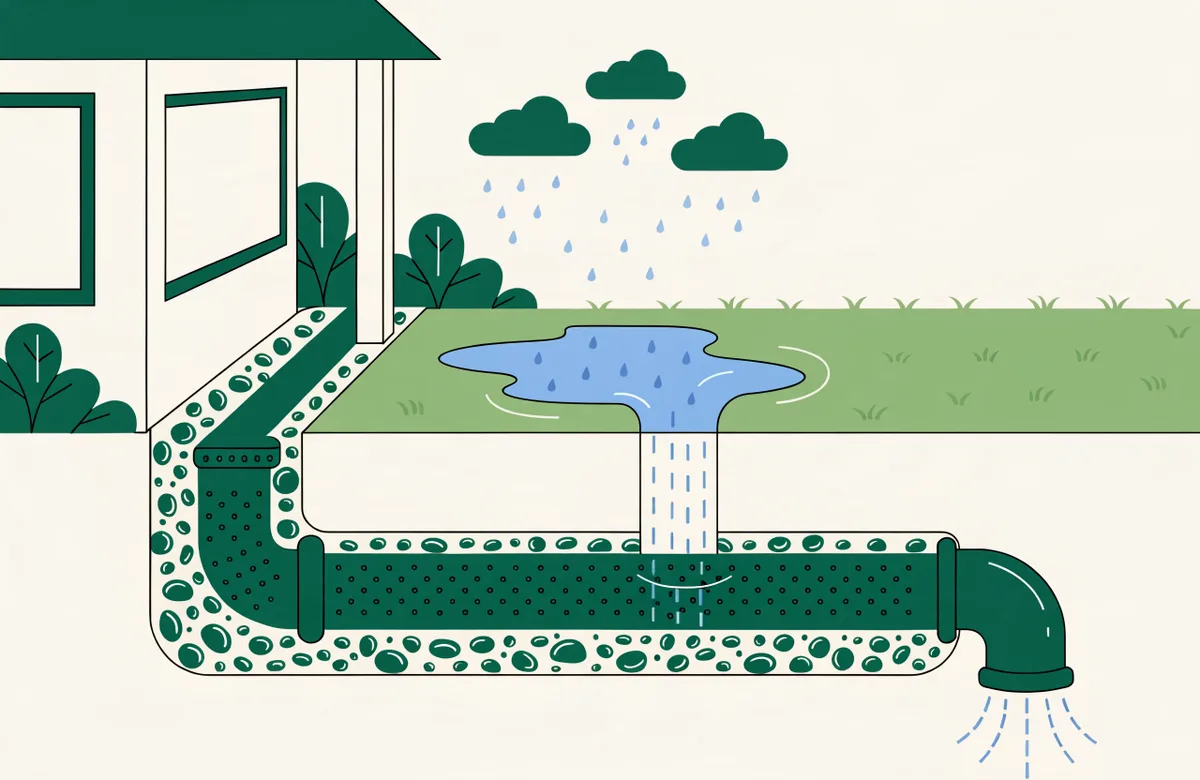 Cutaway illustration of a French drain: a gravel trench with perforated pipe carrying pooled rainwater away from a home's foundation