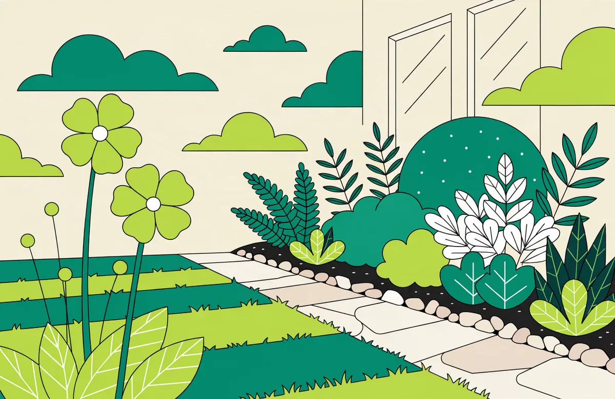 Illustration of a freshly landscaped garden bed with layered shrubs, flowers, stone edging and mulch beside a striped lawn