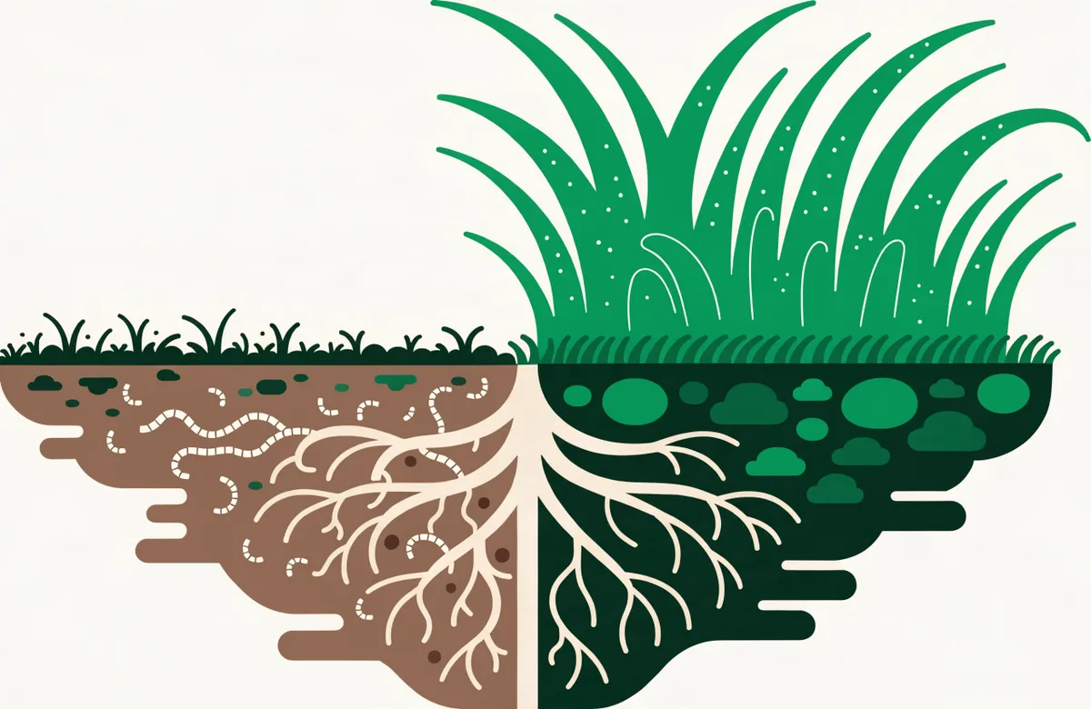 Split cutaway illustration comparing grub-damaged brown turf with roots being eaten versus protected healthy green grass with deep roots