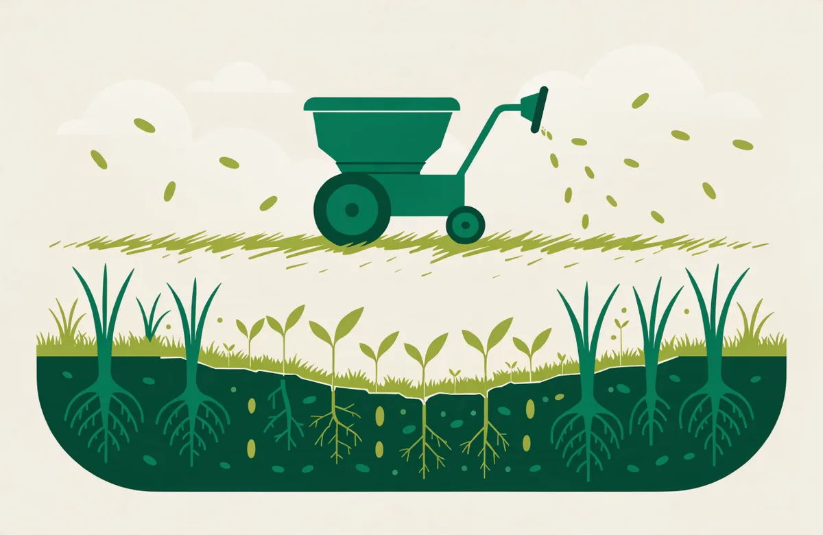 Illustration of overseeding: a spreader drops grass seed into a thin lawn while new sprouts germinate and fill a bare patch