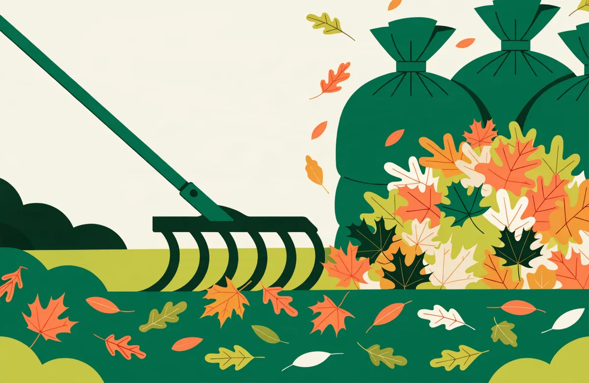 Illustration of a rake clearing autumn leaves off a green lawn into yard-waste bags