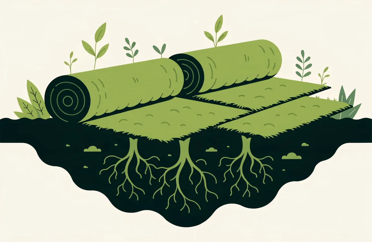 Illustration of fresh sod rolls being unrolled over prepared soil, with a cutaway showing new roots knitting into the ground