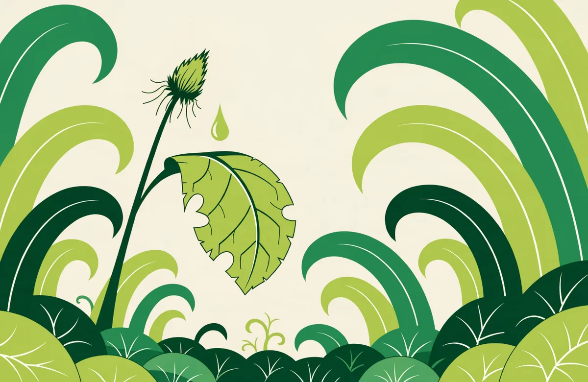 Illustration of a wilting dandelion being crowded out by thick healthy turf after treatment